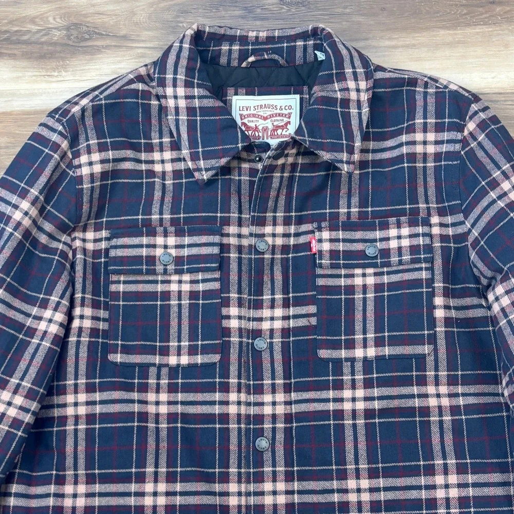 Levi's Shirt Jacket Mens XL Plaid Cotton Quilted Lining Workwear Navy Heritage - Picture 2 of 9